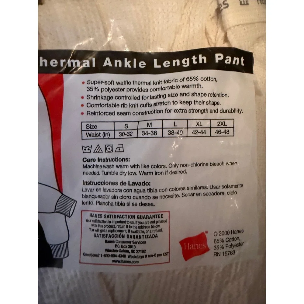 Hanes Mens Thermal Ankle Length Pant White Waffle Knit Long Johns Medium 2540-EC